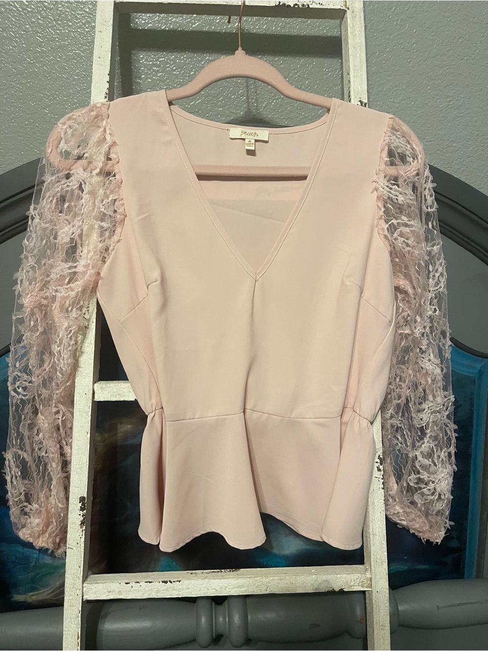Peach Couture Blush Lace-Sleeve Peplum Blouse